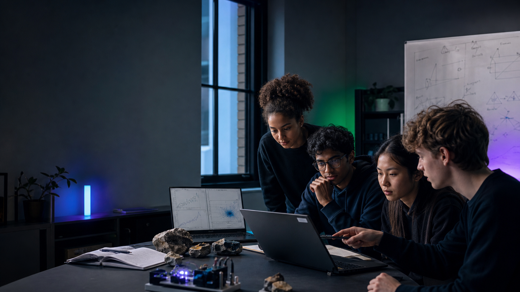 Student researchers discussing data in a shared workspace